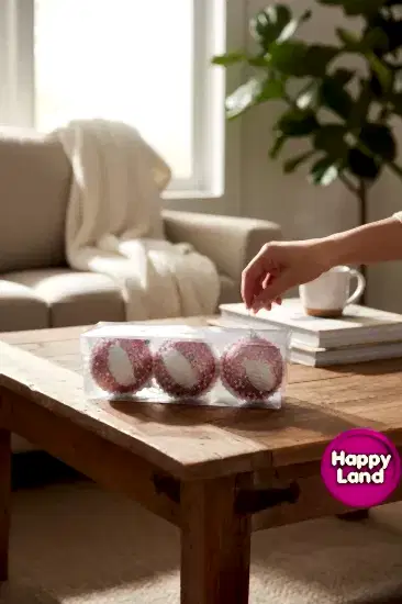 Happyland Yılbaşı Ağacı Süsü Rose Pembe Parıltılı Süslü 6 adet 8 cm Lüks Yılbaşı Topu HAPPY2025109