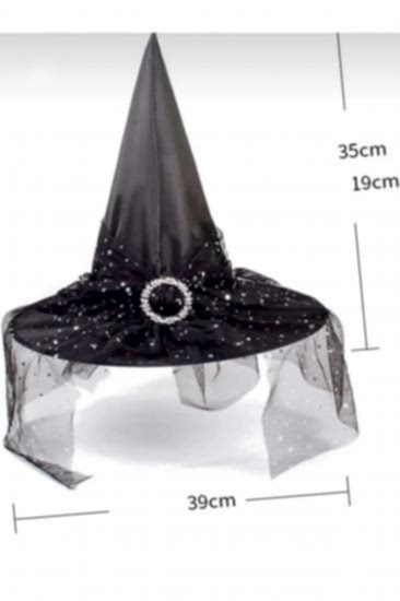 Happyland Halloween Cadı Şapkası Kadife Tüllü Tokalı Siyah Cadılar Bayramı Cadı Şapkası 1 adet