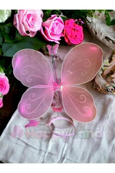 Happyland Pembe Kelebek Kanadı Taç Asa Set Çocuk Kostüm Kelebek Kanadı Seti