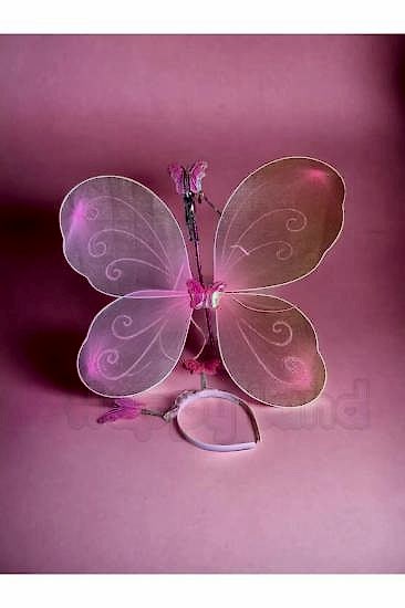 Happyland Pembe Kelebek Kanadı Taç Asa Set Çocuk Kostüm Kelebek Kanadı Seti