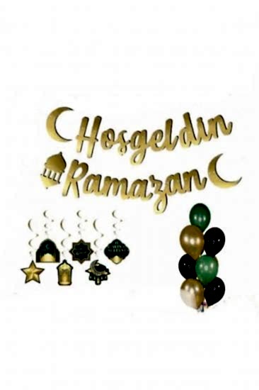 Happyland 1 Adet Gold Hoşgeldin Ramazan Kaligrafi Banner 1 Adet 6 Lı Tavan Sarkıt 6 Adet Balon Set