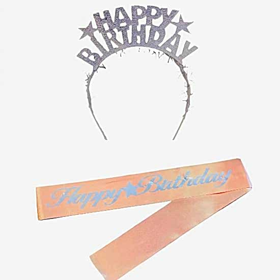 Happyland Happy Birthday Yazılı Gümüş Taç + Rosegold Kuşak Seti 2’li Doğum Günü Set