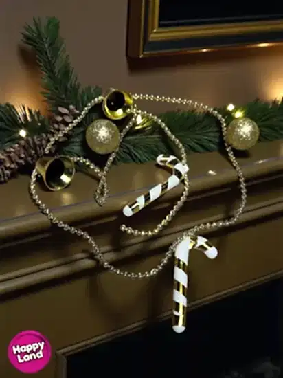 Happyland Yılbaşı Ağacı Süsü Beyaz Gold Baston Şekerli Karışık Zincir Süs 100 cm HPY26014