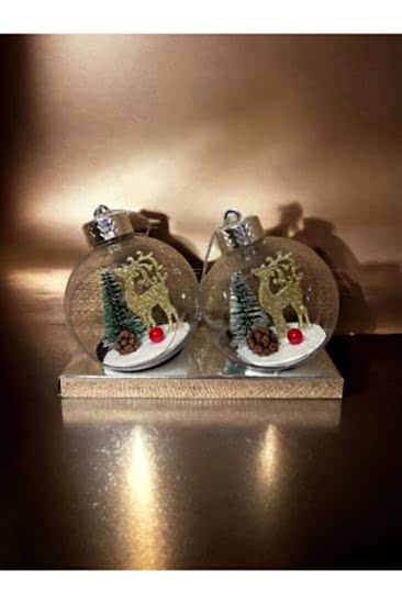 Happyland Yılbaşı Ağacı Süsleri 2 adet Şeffaf Yuvarlak Geyik Figürlü Yılbaşı Topu Yeni Yıl Ağaç Süsü