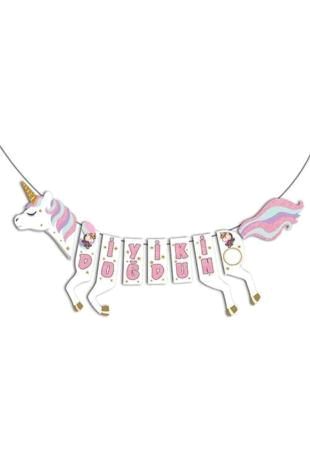 Unicorn Temalı Simli Mor At Şeklinde Iyi Ki Doğdun Yazı Banner