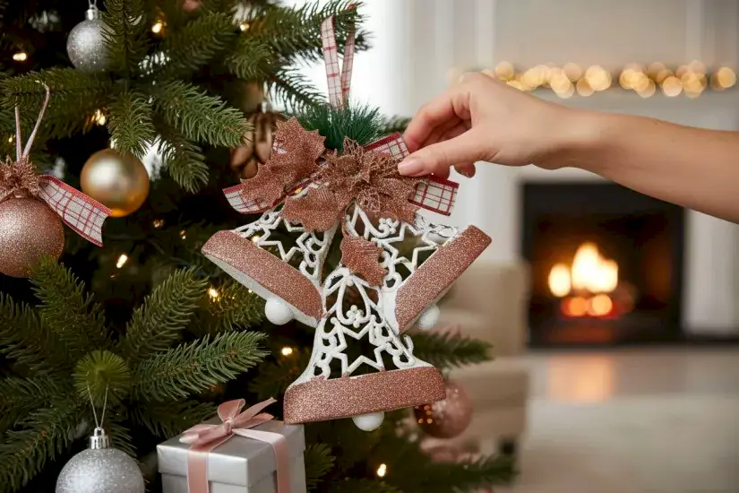 Happyland Yılbaşı Kapı Duvar Yılbaşı Ağacı Süsü Beyaz Rose Gold Çan Asma Süs 30 CMHPY26052