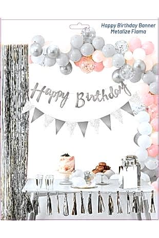 Gümüş Happy Birthday Metalize Banner Flama Set