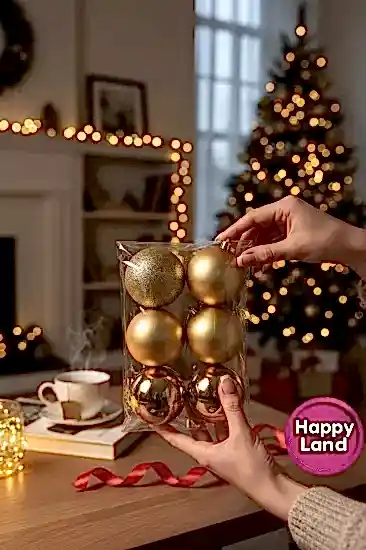 Happyland Yılbaşı Çam Ağacı Süsü 10 cm 6’LI Gold Renk Yılbaşı Topu Büyük BoyCici Top MAT-SİMLİ HP129