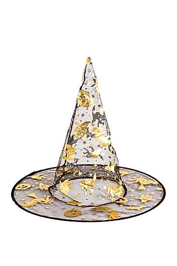 Happyland Halloween Gold Renk Baskılı Çift Taraflı Desenli İnce Tül Cadı Şapkası 1 Adet Cadı Şapka