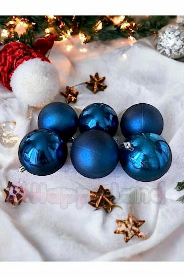 Happyland Yılbaşı Çam Ağacı Gece Mavisi Rengi Parlak Mat 6 Adet 8 cm Asetat KutuluModel Yılbaşı Top