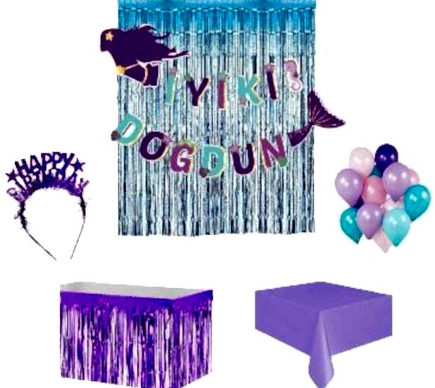 Happyland Denizkızı Konseptli İyi ki Doğdun Yazılı Arka Fonlu Deniz Kızı Temalı Mor Mavi Uyumlu Doğum Günü Set 7 Parça