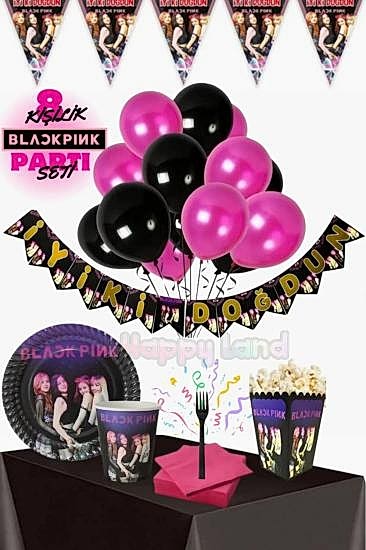 Happyland Black Pink 8 Kişilik Happy Set Doğum Günü Seti Black Pink Parti Malzemeleri Seti