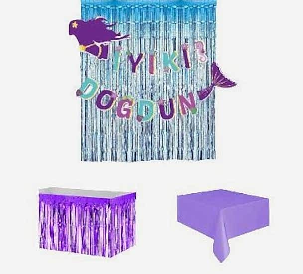 Happyland Denizkızı Konseptli İyi ki Doğdun Yazılı Arka Fonlu Deniz Kızı Temalı Mor Mavi Uyumlu Doğum Günü Set 5 Parça