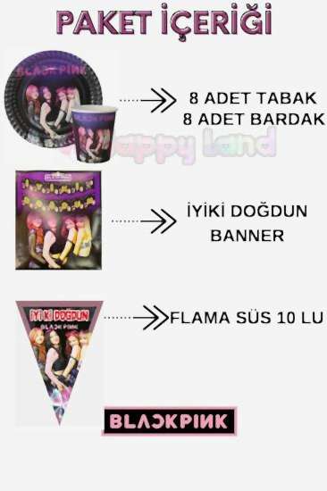 Happyland Black Pink 8 Kişilik Happy Set Doğum Günü Seti Black Pink Parti Malzemeleri Seti