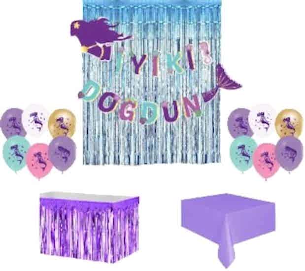 Happyland Denizkızı Konseptli İyi ki Doğdun Yazılı Arka Fonlu Deniz Kızı Temalı Mor Mavi Uyumlu Doğum Günü Set 6 Parça -2