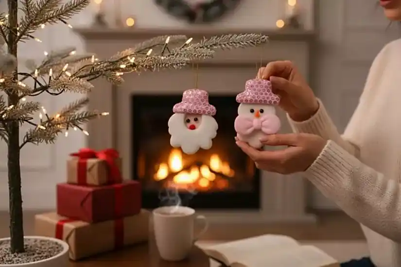 Happyland Yılbaşı Ağacı Süsü Noel Baba Kardanadam 2’li Makaron Pembe Peluş Asma Süs 10 cm HPY26046
