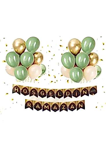 Happyland Hoşgeldin Ramazan Balonlu Set Zigzag Banner Krom Gold Küf Yeşili Balon Seti