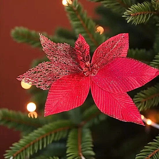 Happyland Yılbaşı Ağacı Süsü Kırmızı Simli Ponsetya Çiçek 28 CM HPY26079