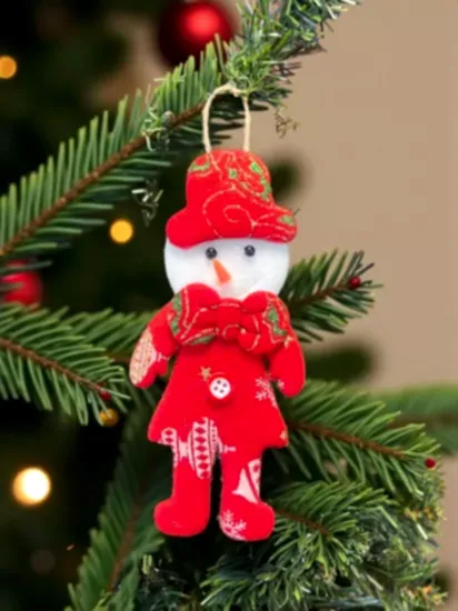 Happyland Yılbaşı Çam Ağacı Süsü Kardanadam Peluş Kırmızı Papyonlu Model Asma Süs 17 cm Noel Dekor