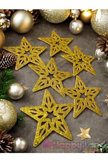 Happyland Yılbaşı Çam Ağacı Süsü Gold Yıldız Simli Eva Süs 6 adet 10 CM