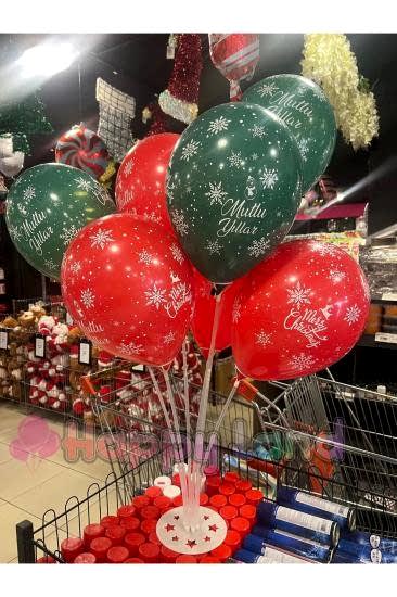 Happyland Yılbaşı Balon Seti 7’li Balon Standı +7 Adet Kırmızı Yeşil Baskılı Yılbaşı Balonu