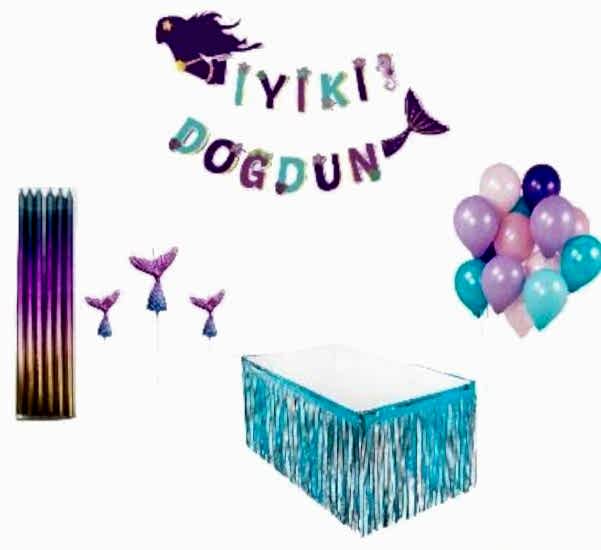 Happyland Denizkızı Konsepti İyi ki Doğdun Yazılı Deniz Kızı Temalı Mor Mavi Uyumlu Doğum Günü Set 5 Parça Balonlu