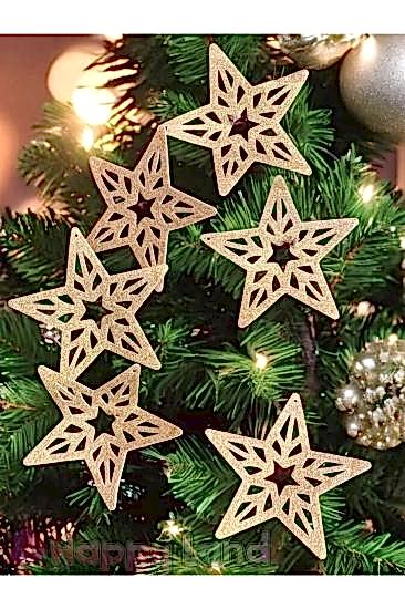 Happyland Yılbaşı Çam Ağacı Süsü Gold Yıldız Simli Eva Süs 6 adet 10 CM