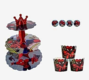 Happyland Spiderman Karakterli Kek Standı + Kek Kapsülü + Kürdan 3’lü Set Erkek Doğum Günü Partisi Seti Spiderman Temalı Parti Cake Set Cup Cake Standı Seti