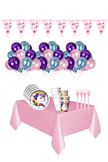 Happyland Unicorn Pembe Temalı Doğum Günü Süsleme Seti 8 Kişilik 
