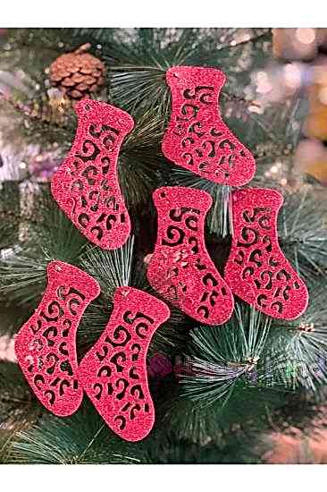 Happyland Yılbaşı Çam Ağacı Süsü Çorap Kırmızı Simli Eva Süs 6 adet 10 CM