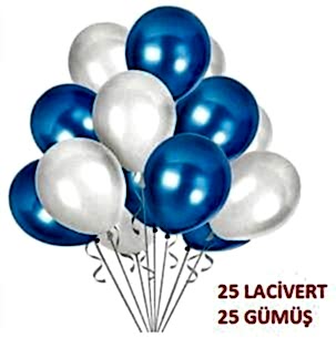 50 Adet Metalik Sedefli Kaliteli Balon - 25 Lacivert 25 Gümüş