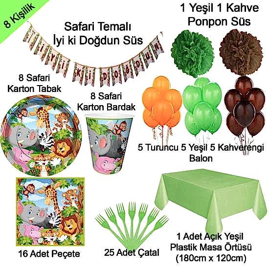 8 Kişilik Safari Konsept Temalı Doğum Günü Partisi Süsleri Seti