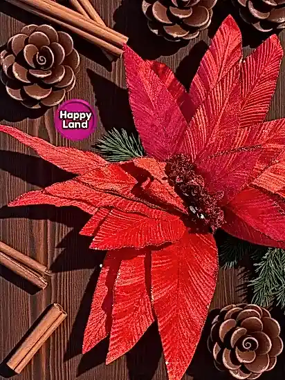 Happyland Yılbaşı Süsü Yapay Simli Papatya Ponsetya Kırmızı 60 cm Büyük Boy Atatürk Çiçeği HPY26082