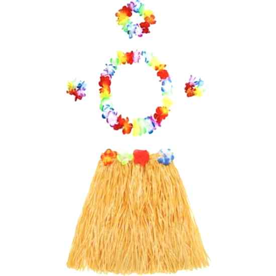 Happyland Hawai Etek Taç Kolye Bileklik 4’lü Set Gösteri Parti Seti Püsküllü Etek Renkli Çiçekli Taç ve Bileklik 5 Parça