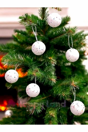 Happyland Yılbaşı Topu Beyaz Köpük Strafor Çam Ağacı Süsü 6 adet 4 cm Kar Topu Süs