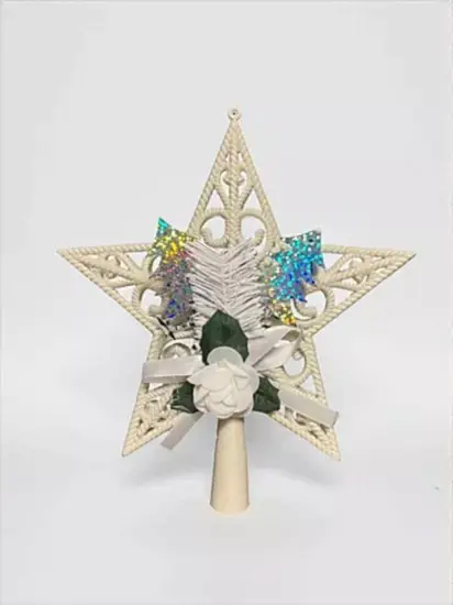 Happyland Yılbaşı Çam Ağacı Süsü Güllü Model Beyaz Tepe Yıldızı Yıldız Tepelik 25 Cm HPY26020