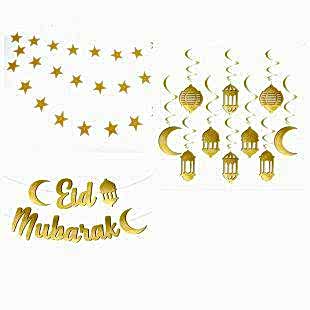 Happyland Ramazan Ayı süs setleri 3 lü set 4m yıldız & Eid Mubarak yazı ve 10 lu 3 d yay süs
