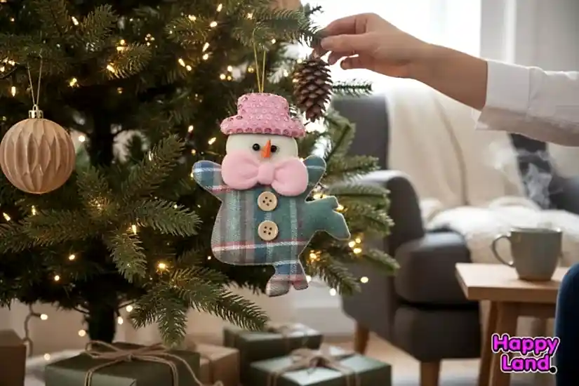 Happyland Yılbaşı Ağacı Süsü Kardanadam Düğmeli Makaron Yeşil Renk Asma Süs 15cm Noel Dekor HPY26045