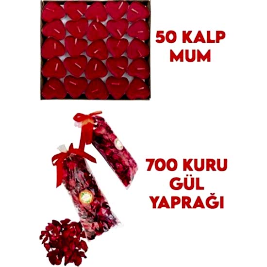 Happyland 14 Şubat Sevgililer Günü 50 Mum + 700 Kuru Gül Yaprağı, Kalpli Mum ve Kuru Gül Yaprakları