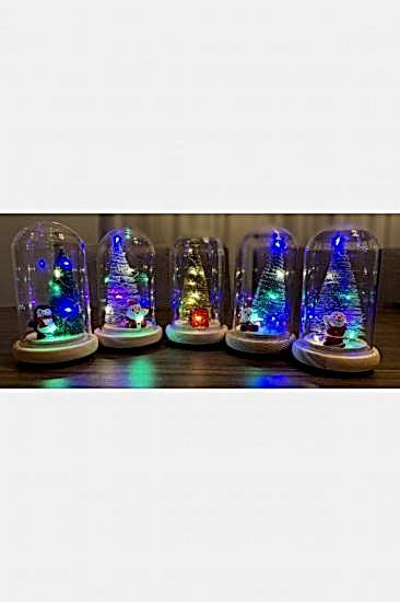 Ahşap Taban Cam Fanus Işıklı Dekoratif Yılbaşı Ağacı