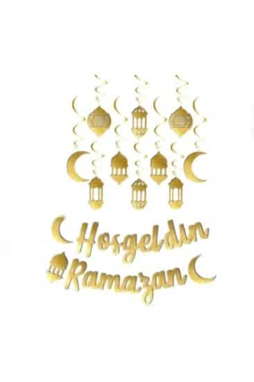 Happyland 1 Adet Gold Hoşgeldin Ramazan Kaligrafi Banner Ve 1 Adet 3 D Tavan Süs Seti