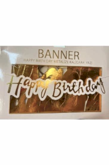Happyland İpli İtalik Happy Birthday Yazılı Kaligrafi Banner Gold