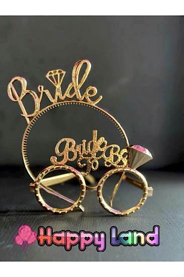 Happyland Bride Yazılı Gold Renk Gözlük Taç Seti Plastik Bekarlığa Veda Parti Tacı Gözlük Bride Set