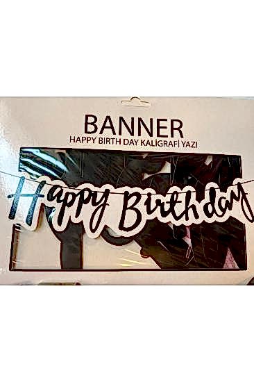 Happyland İpli İtalik Happy Birthday Yazılı Kaligrafi Banner Siyah