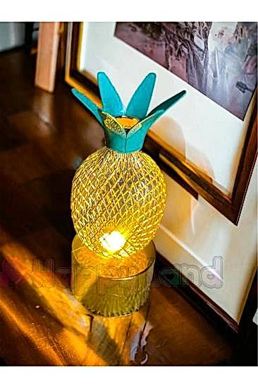 Happyland Gold Metal Ananas Model Mini Gece Ve Masa Dekor Lambası Pilli Günışığı Renk