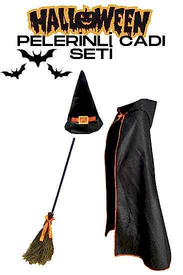 Happyland Happland Halloween Lüks Cadı Seti Pelerin Cadı Şapkası Cadı Süpürgesi Cadılar Bayramı Yetişkin Set