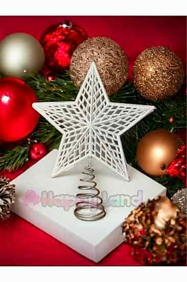 Happyland Yılbaşı Çam Ağacı Süsü Lüks Yılbaşı Ağacı Tepe Yıldızı 25 cm Ayaklı Beyaz Yeni Yıl Süsü