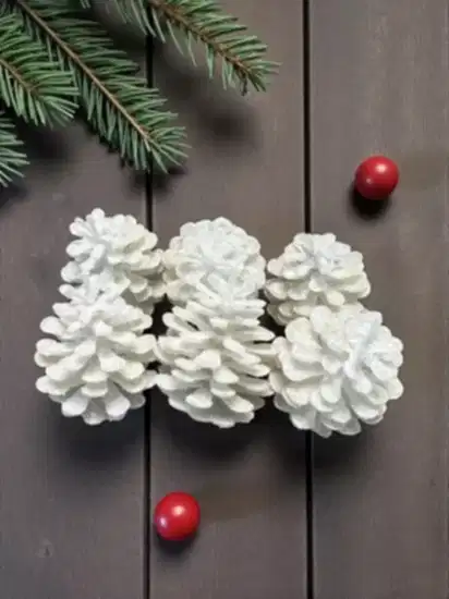 Happyland Yılbaşı Ağacı Süsü Beyaz Simli Kozalak 6’lı YıLbaşı Kozalak Süs 5 cm HPY26057