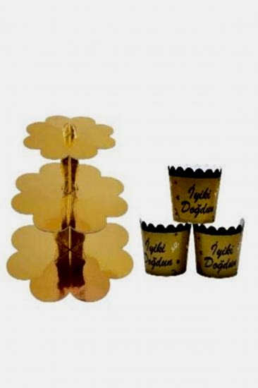 Happyland Gold Kek Standı Gold Siyah Iyiki Doğdun Kek Kapsülü 2li Set