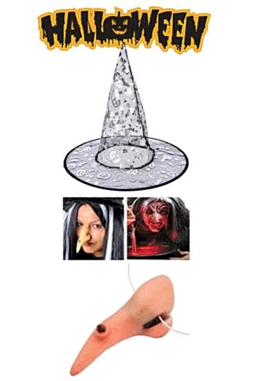 Happyland Halloween Cadı Seti ( Gümüş baskılı Cadı Şapkası - Cadı Burnu ) 2Parça CadılarBayramı Set